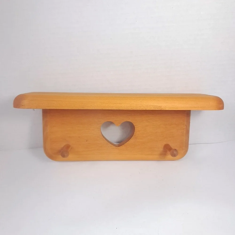 Wood heart cutout wall shelf trinket 2 pegs hooks display cottagecore stained